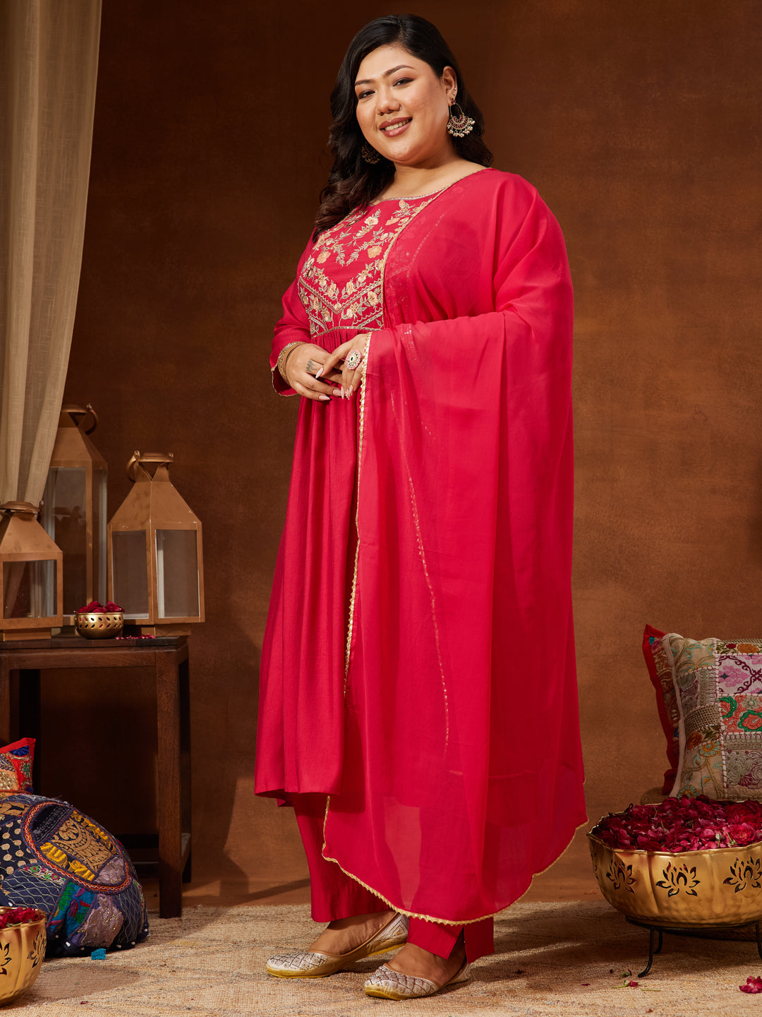 Janasya Women's Plus Size Pink Silk Blend Yoke Embroidered A-line Kurta Set