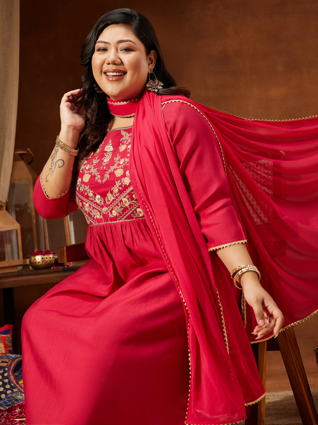 Janasya Women's Plus Size Pink Silk Blend Yoke Embroidered A-line Kurta Set