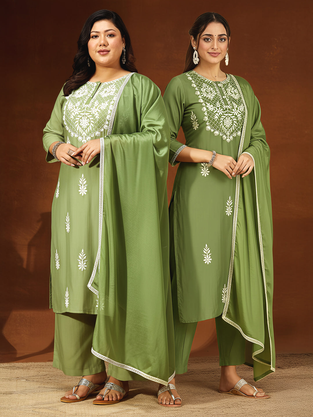 Janasya Women's Sage Green Silk Blend Embroidered Straight Kurta Set