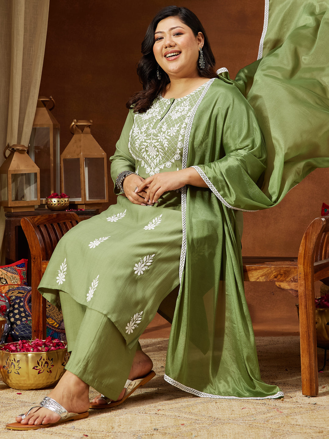 Janasya Women's Plus Size Sage Green Silk Blend Embroidered Straight Kurta Set - qivii