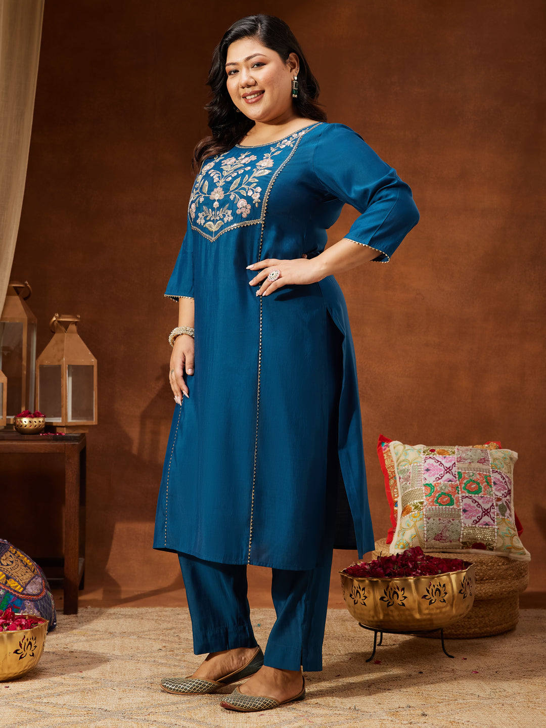 Janasya Women's Plus Size Teal Chanderi Silk Embroidered Straight Kurta Set - qivii