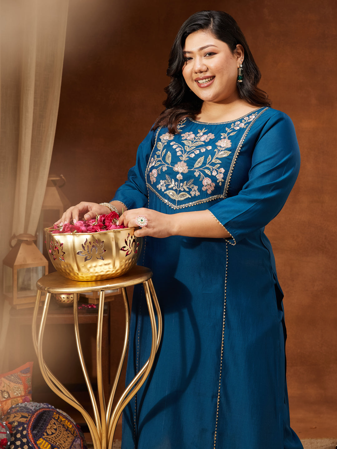 Janasya Women's Plus Size Teal Chanderi Silk Embroidered Straight Kurta Set - qivii