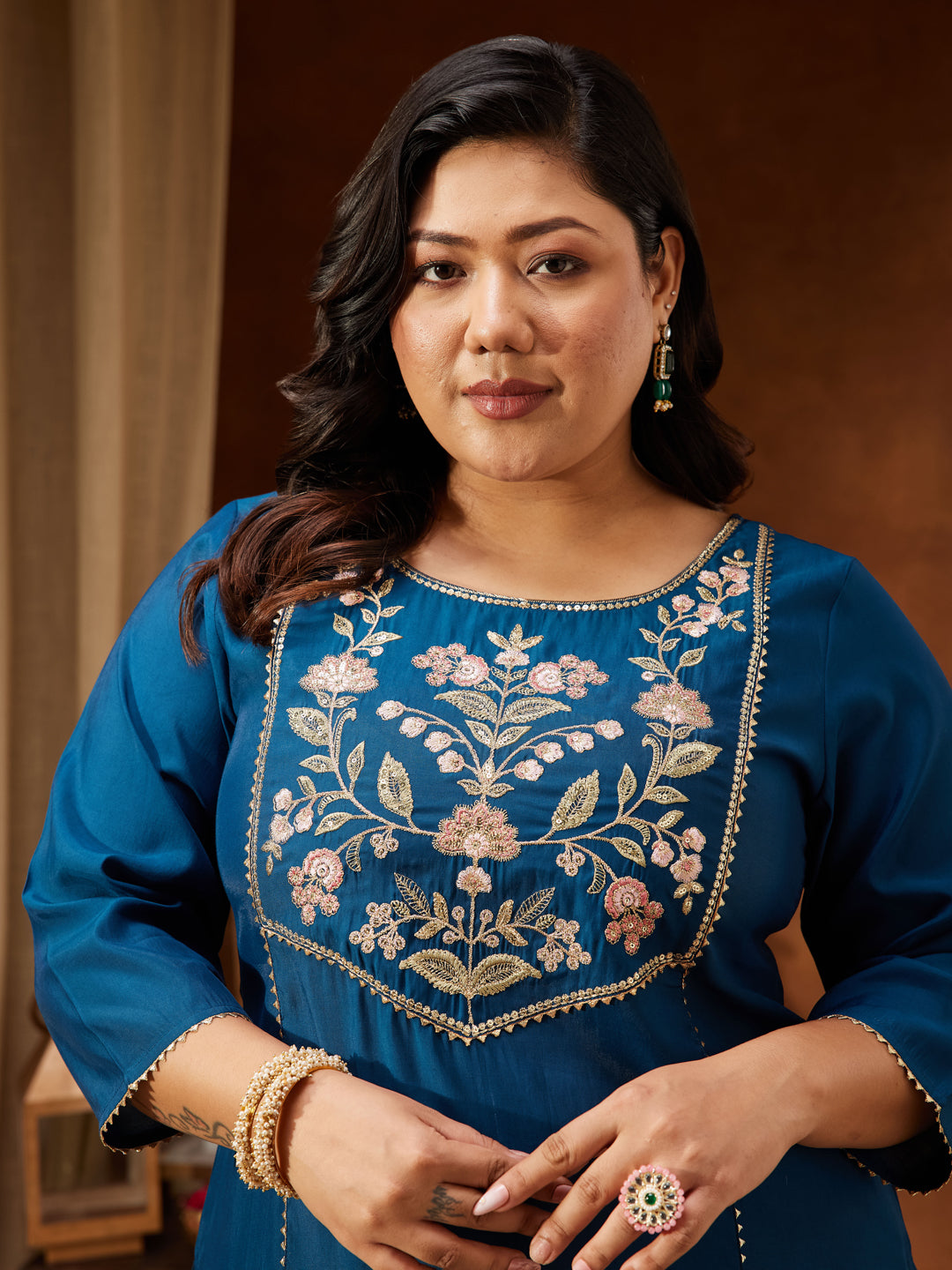 Janasya Women's Plus Size Teal Chanderi Silk Embroidered Straight Kurta Set - qivii