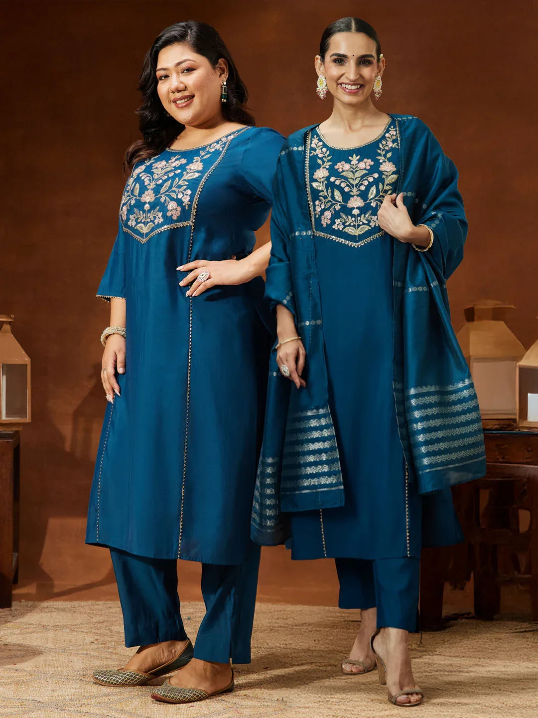 Janasya Women's Plus Size Teal Chanderi Silk Embroidered Straight Kurta Set
