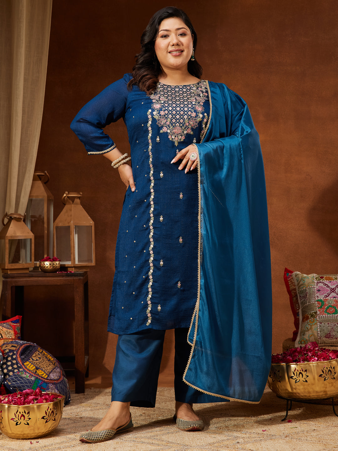 Janasya Women's Plus Size Teal Blue Silk Blend Zari Embroidered Straight Kurta Set - qivii