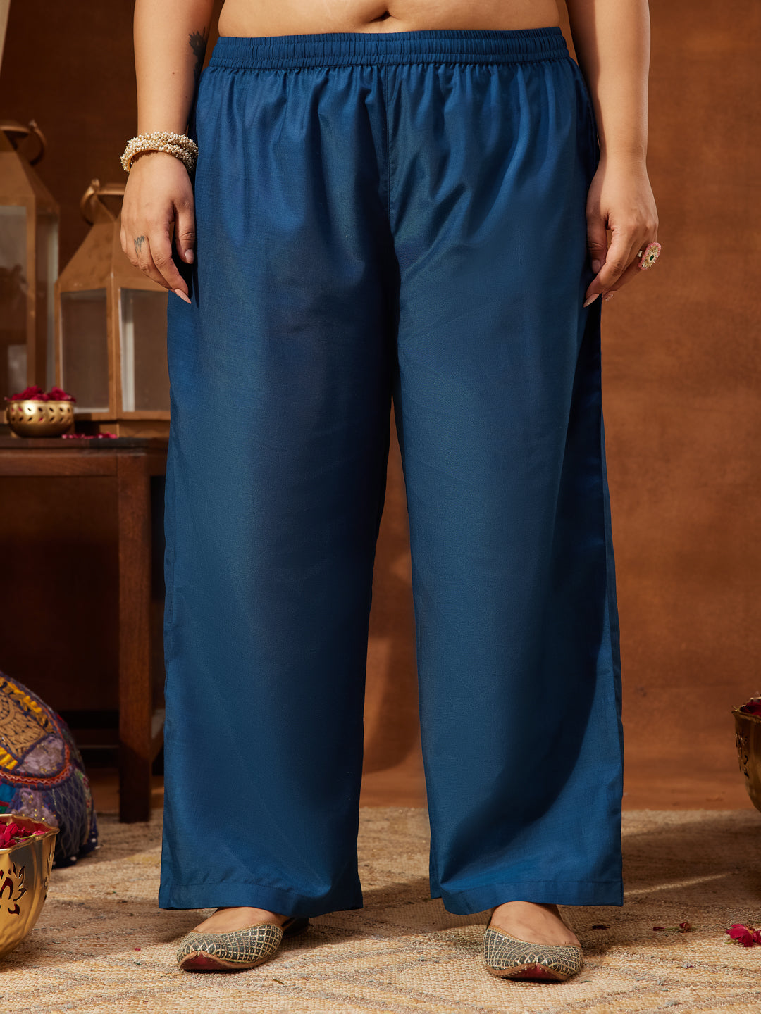 Janasya Women's Plus Size Teal Blue Silk Blend Zari Embroidered Straight Kurta Set - qivii