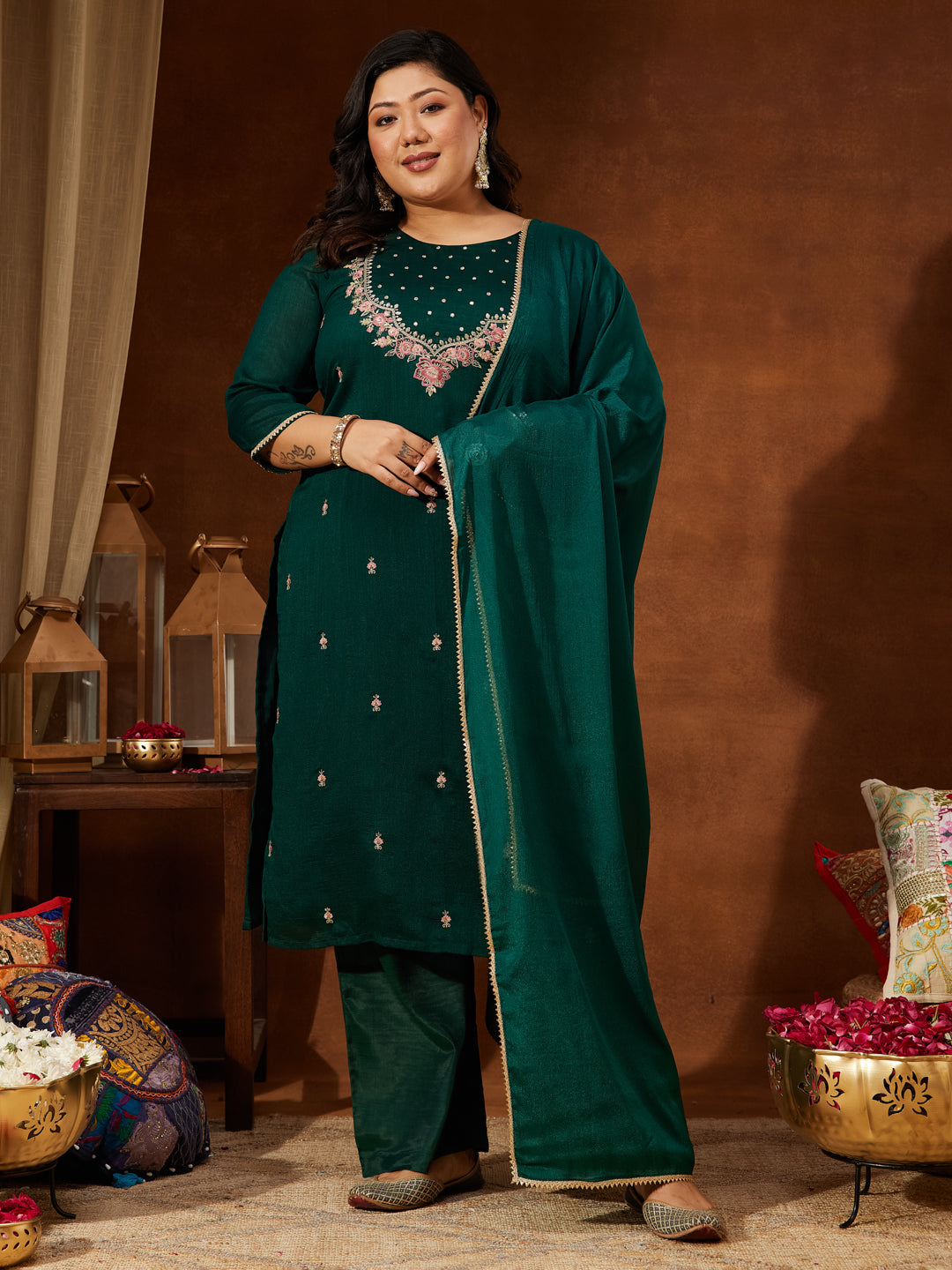 Janasya Women's Plus Size Bottle Green Silk Blend Zari Embroidered Straight Kurta Set - qivii