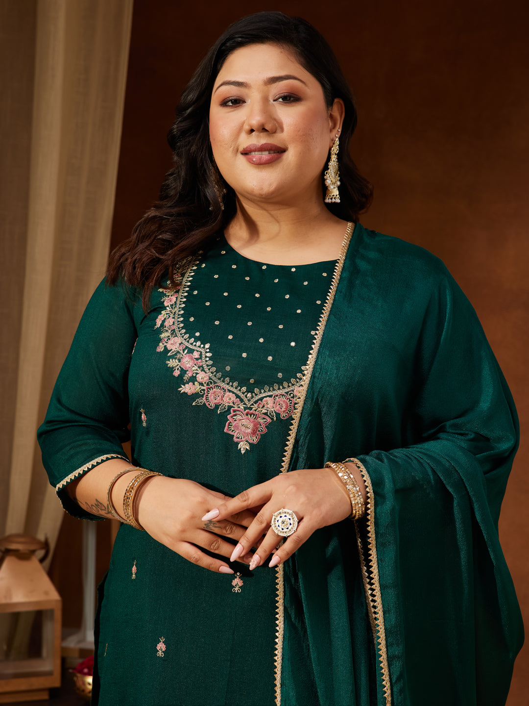 Janasya Women's Plus Size Bottle Green Silk Blend Zari Embroidered Straight Kurta Set - qivii