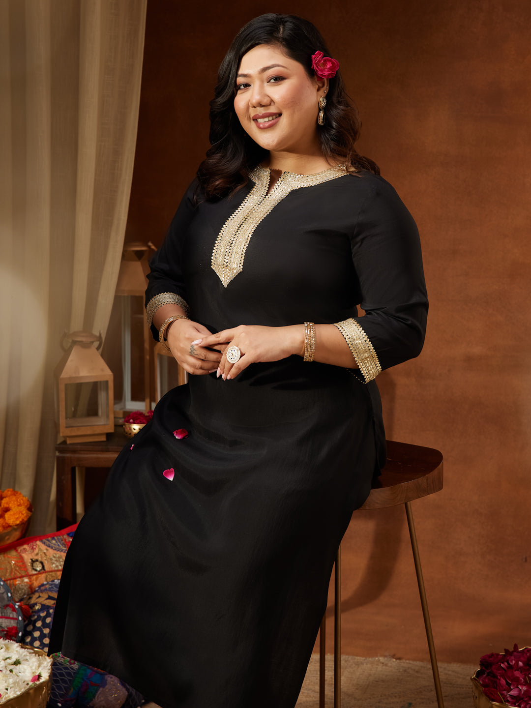 Janasya Women's Plus Size Black Chanderi Silk Embellished Yoke Design Straight Kurta Pant Set