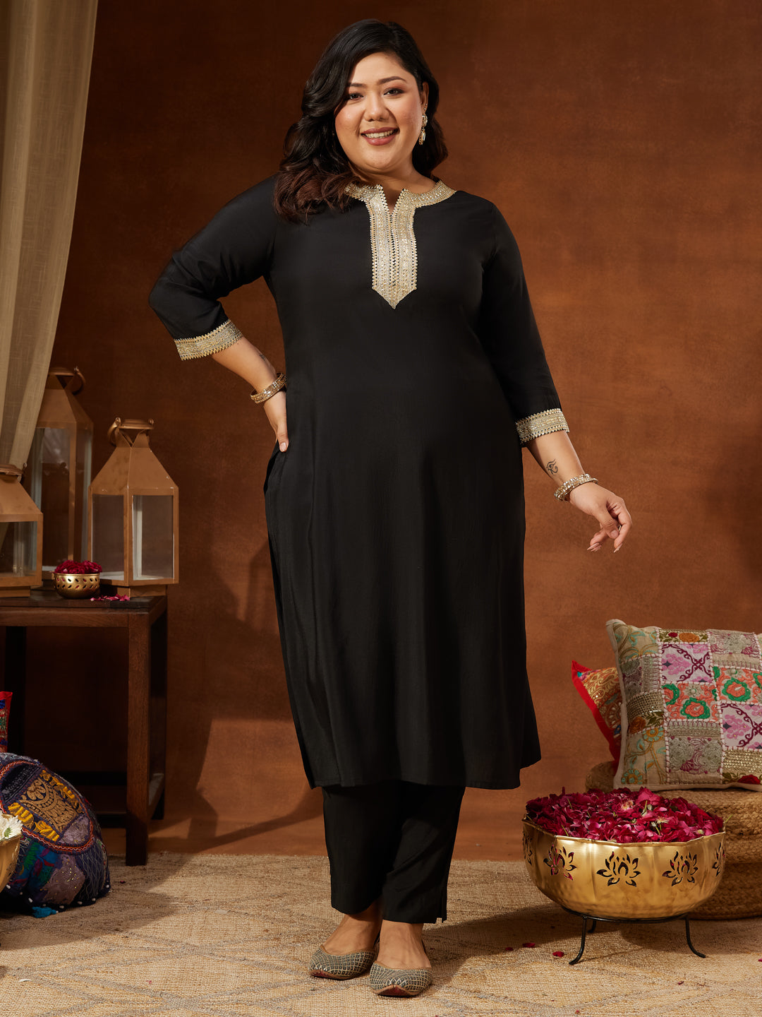 Janasya Women's Plus Size Black Chanderi Silk Embellished Yoke Design Straight Kurta Pant Set