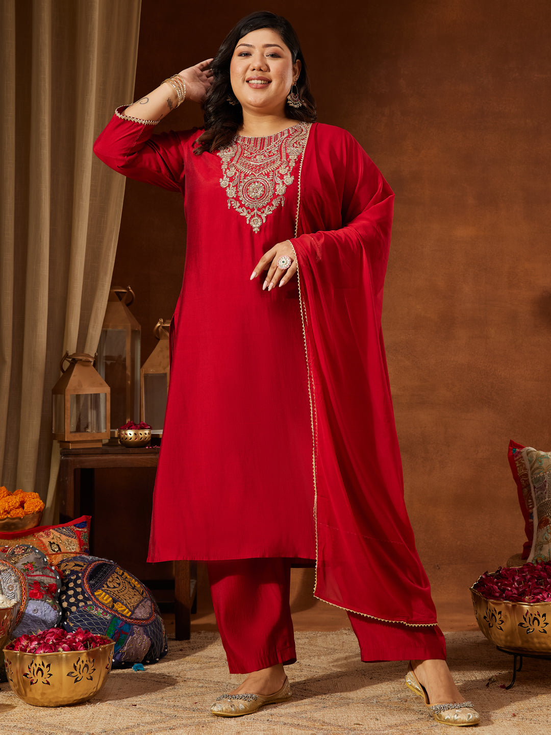 Janasya Women's Plus Size Maroon Chanderi Silk Yoke Embroidered Straight Kurta Set - qivii