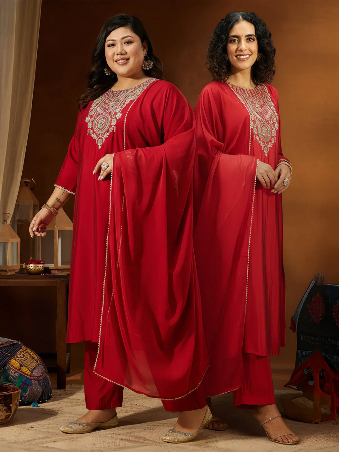 Janasya Women's Plus Size Maroon Chanderi Silk Yoke Embroidered Straight Kurta Set