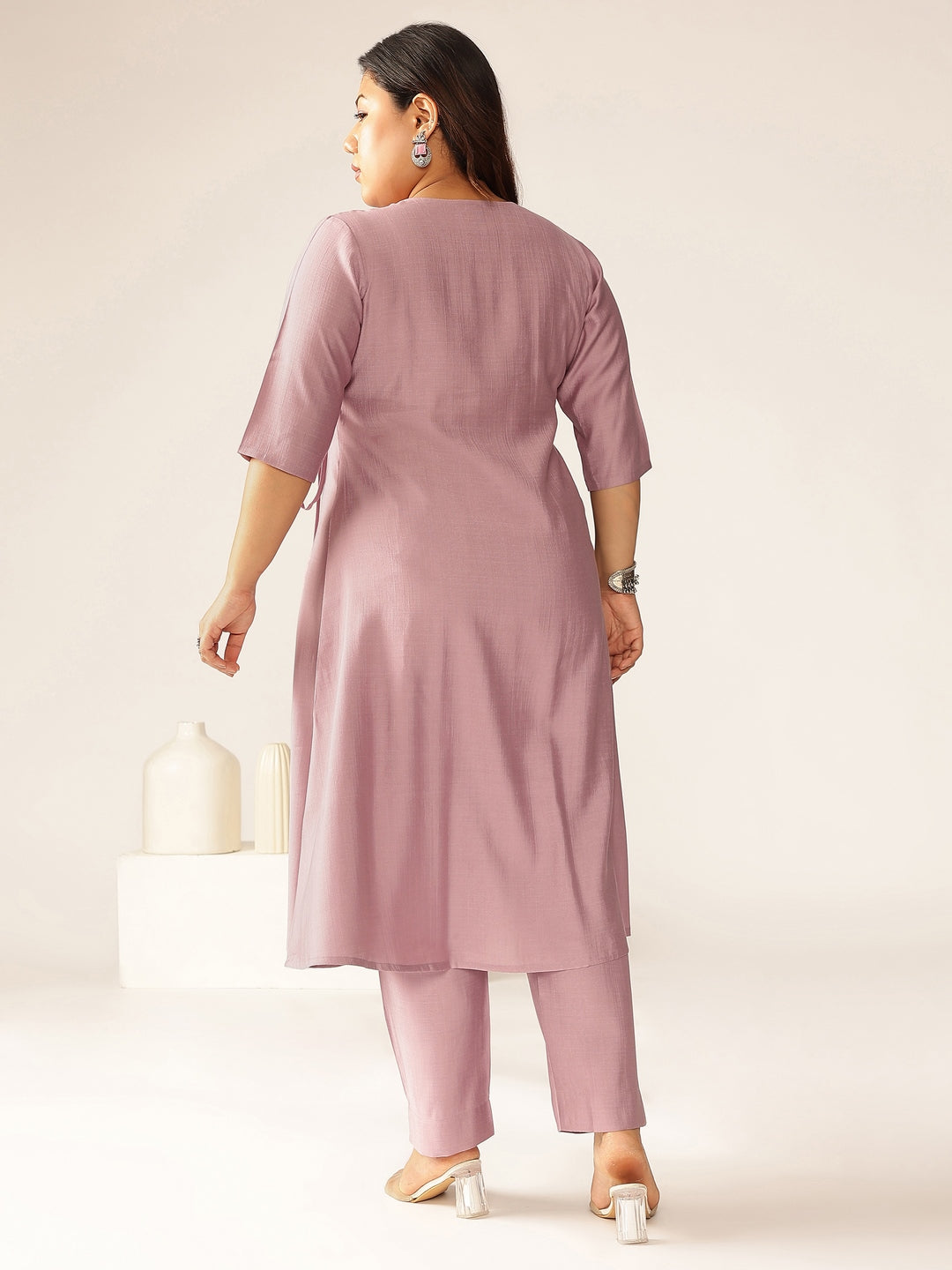 Plus Size Lavender Silk Blend Solid Angrakha Kurta Set - qivii