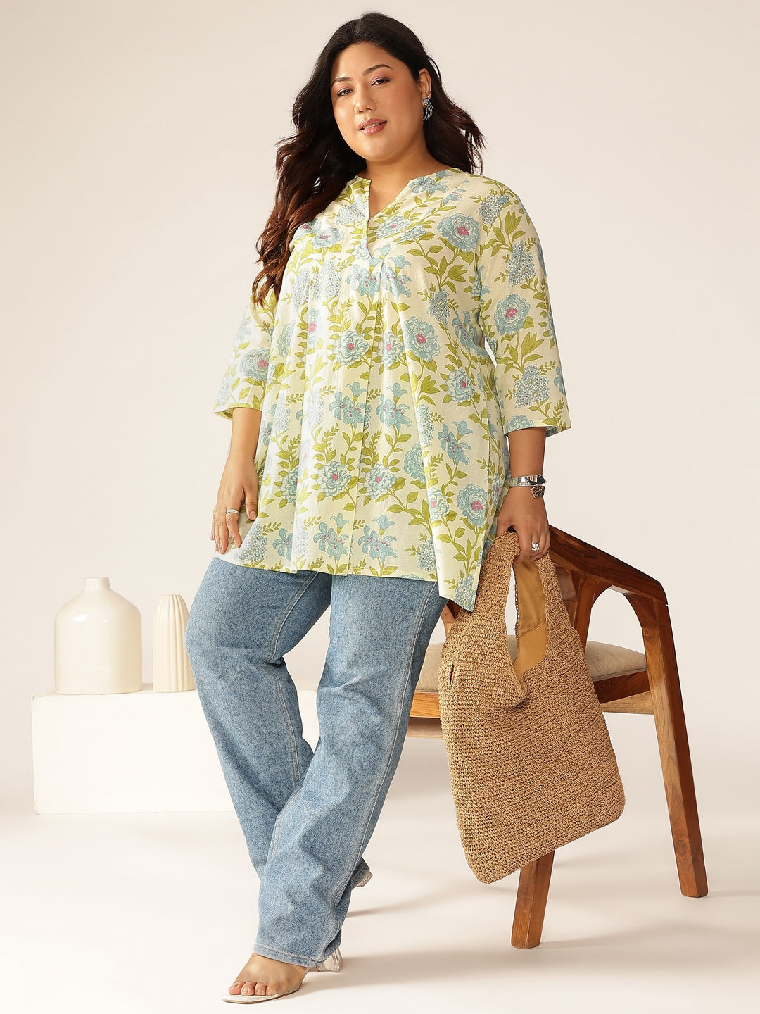 Plus Size Off White Pure Cotton Floral Printed A-line Tunic - qivii