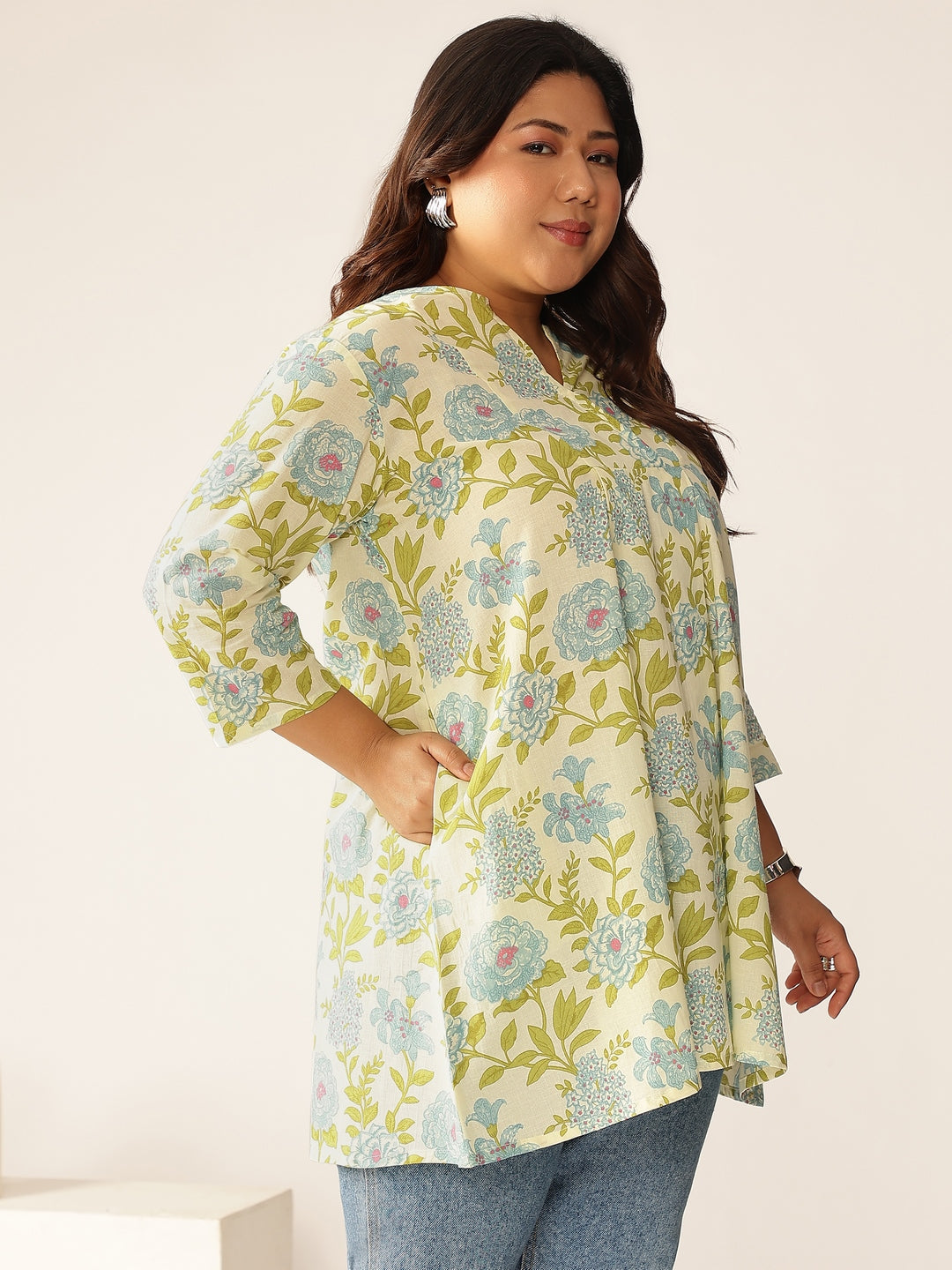 Plus Size Off White Pure Cotton Floral Printed A-line Tunic - qivii