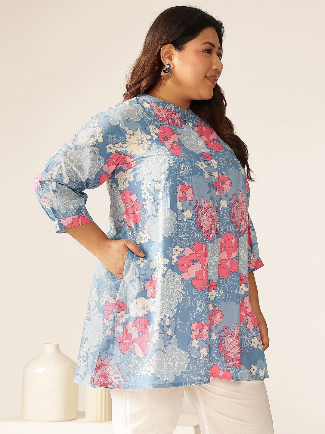 Plus Size Blue Pure Cotton Floral Printed A-line Tunic - qivii