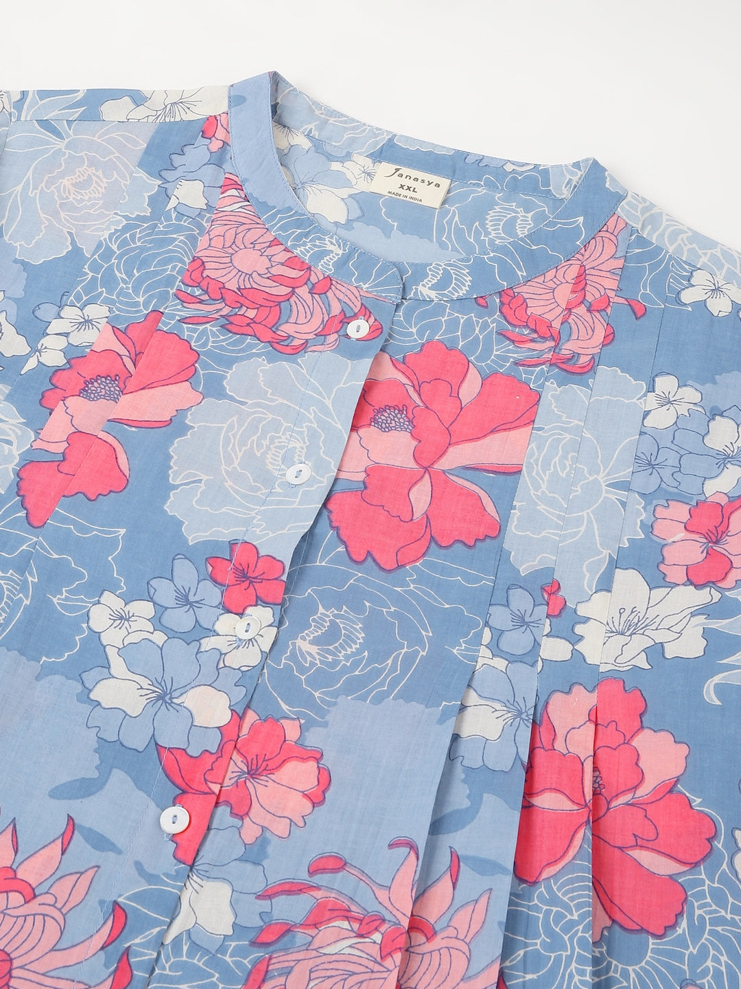 Plus Size Blue Pure Cotton Floral Printed A-line Tunic - qivii