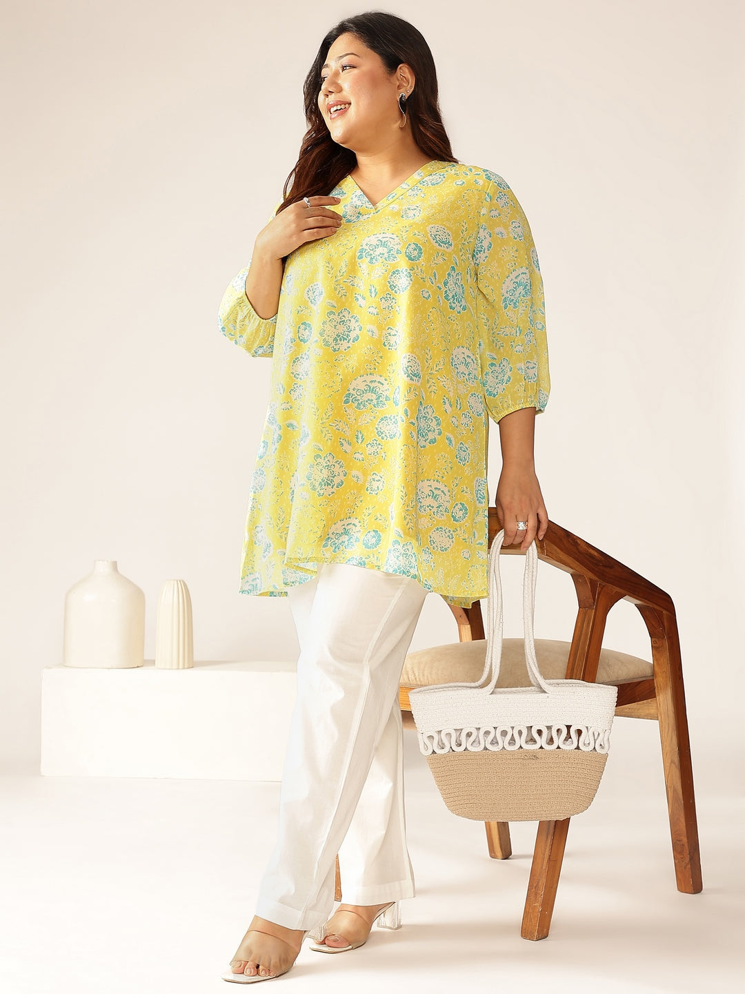 Plus Size Lime Yellow Georgette Floral Printed A-line Tunic - qivii