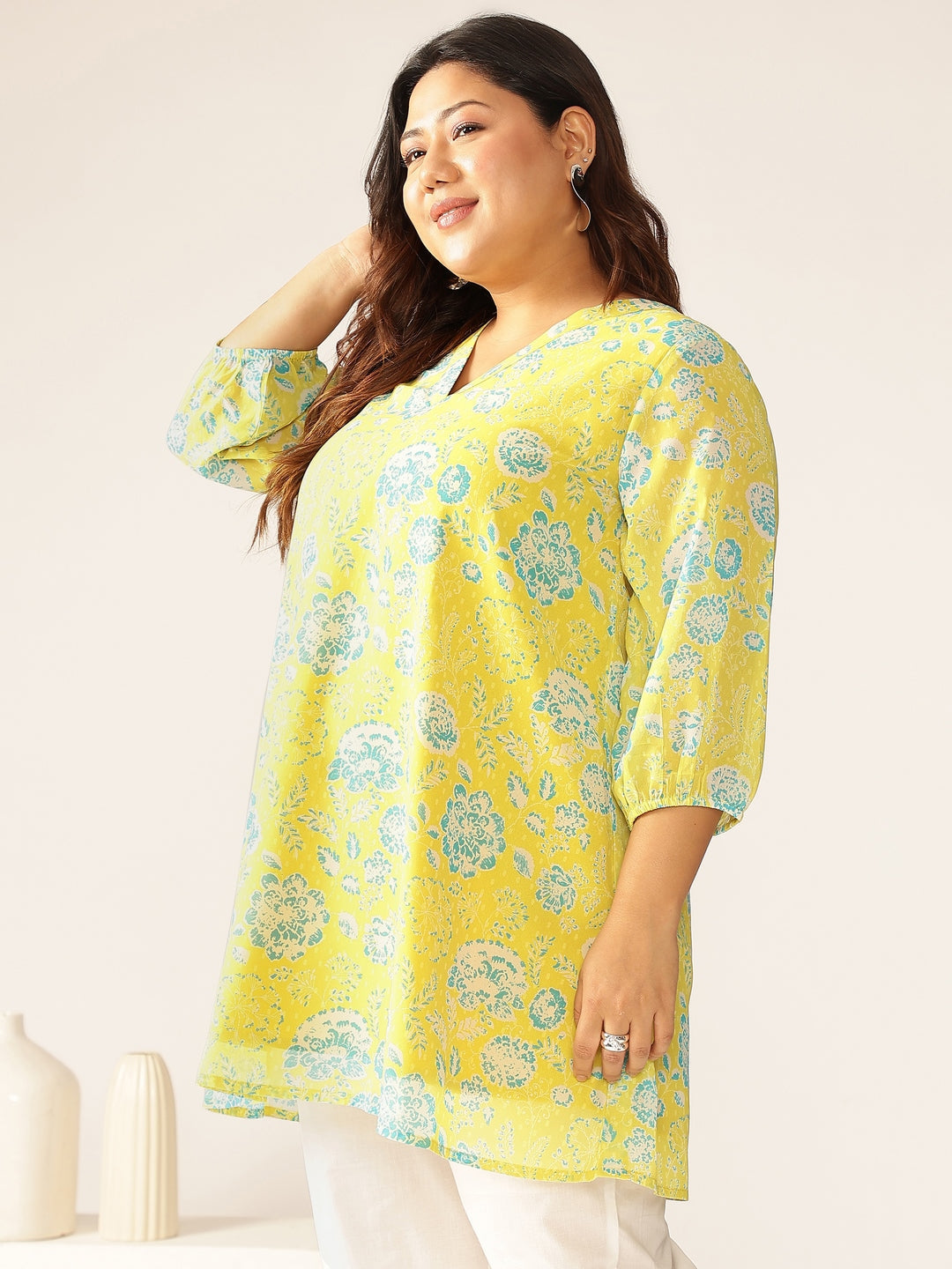 Plus Size Lime Yellow Georgette Floral Printed A-line Tunic - qivii