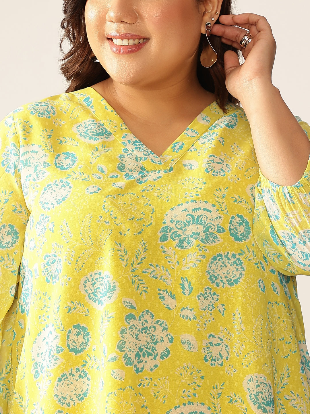 Plus Size Lime Yellow Georgette Floral Printed A-line Tunic - qivii