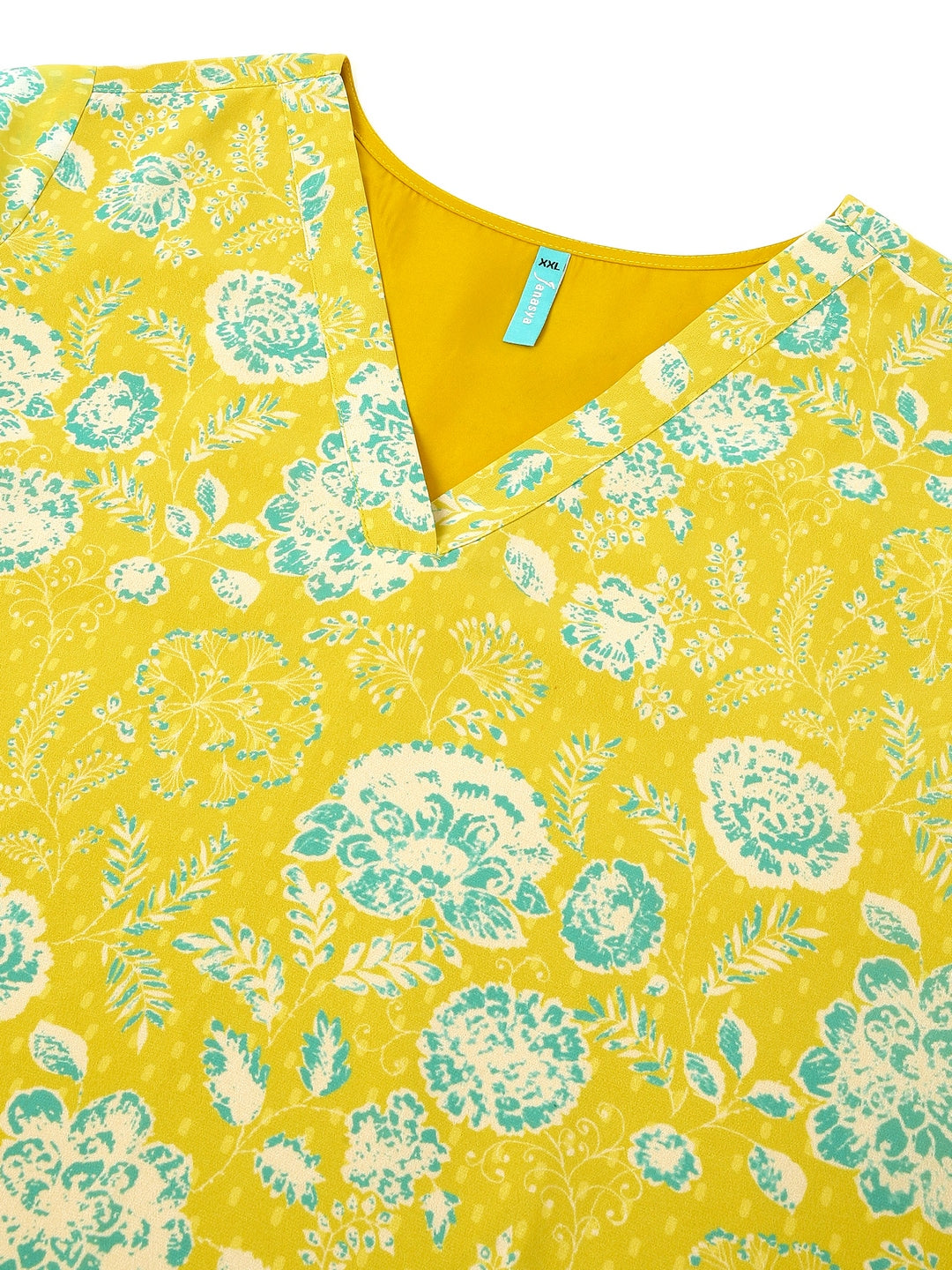Plus Size Lime Yellow Georgette Floral Printed A-line Tunic - qivii