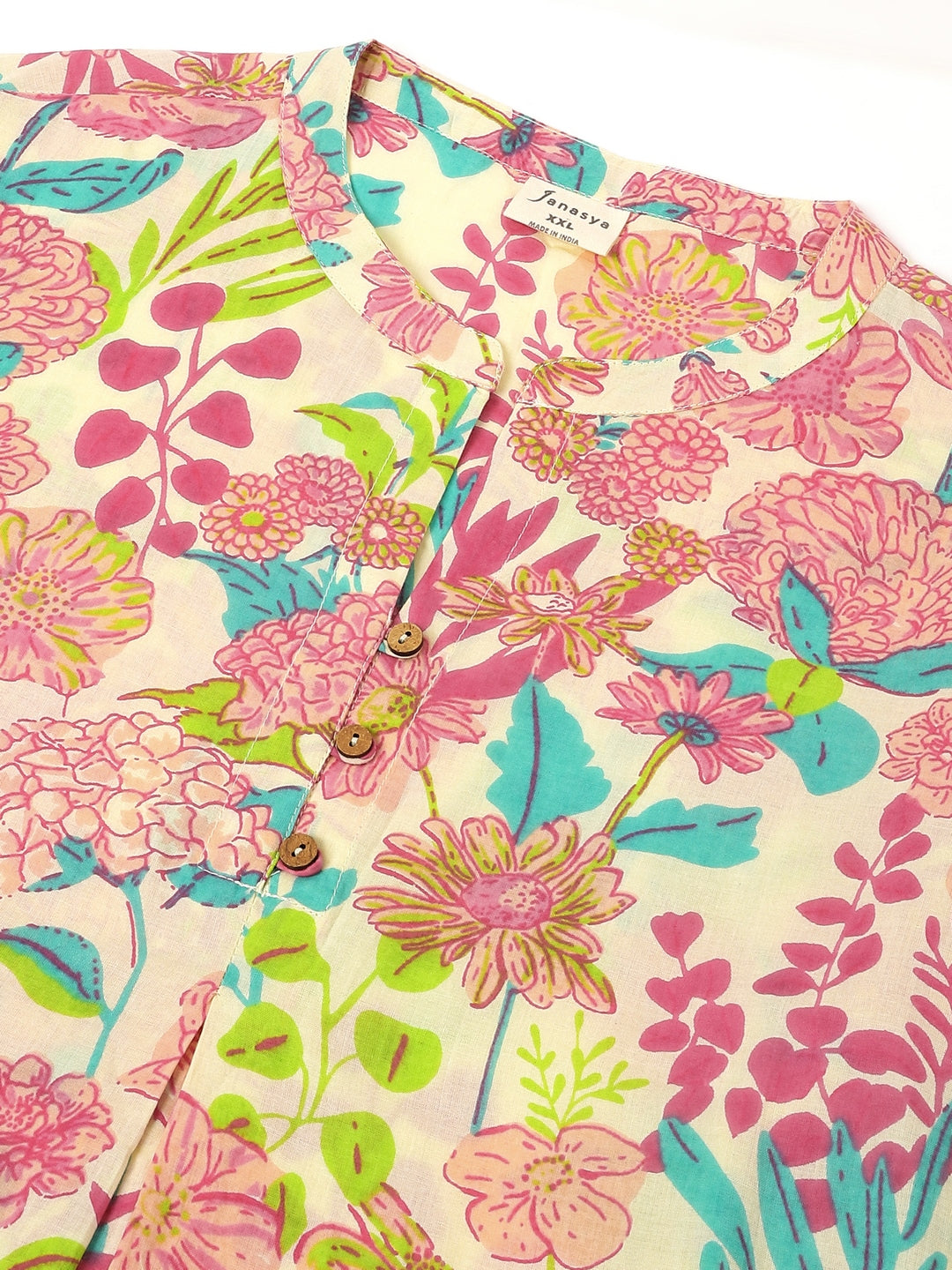 Plus Size Cream Pure Cotton Floral Printed A-line Tunic - qivii