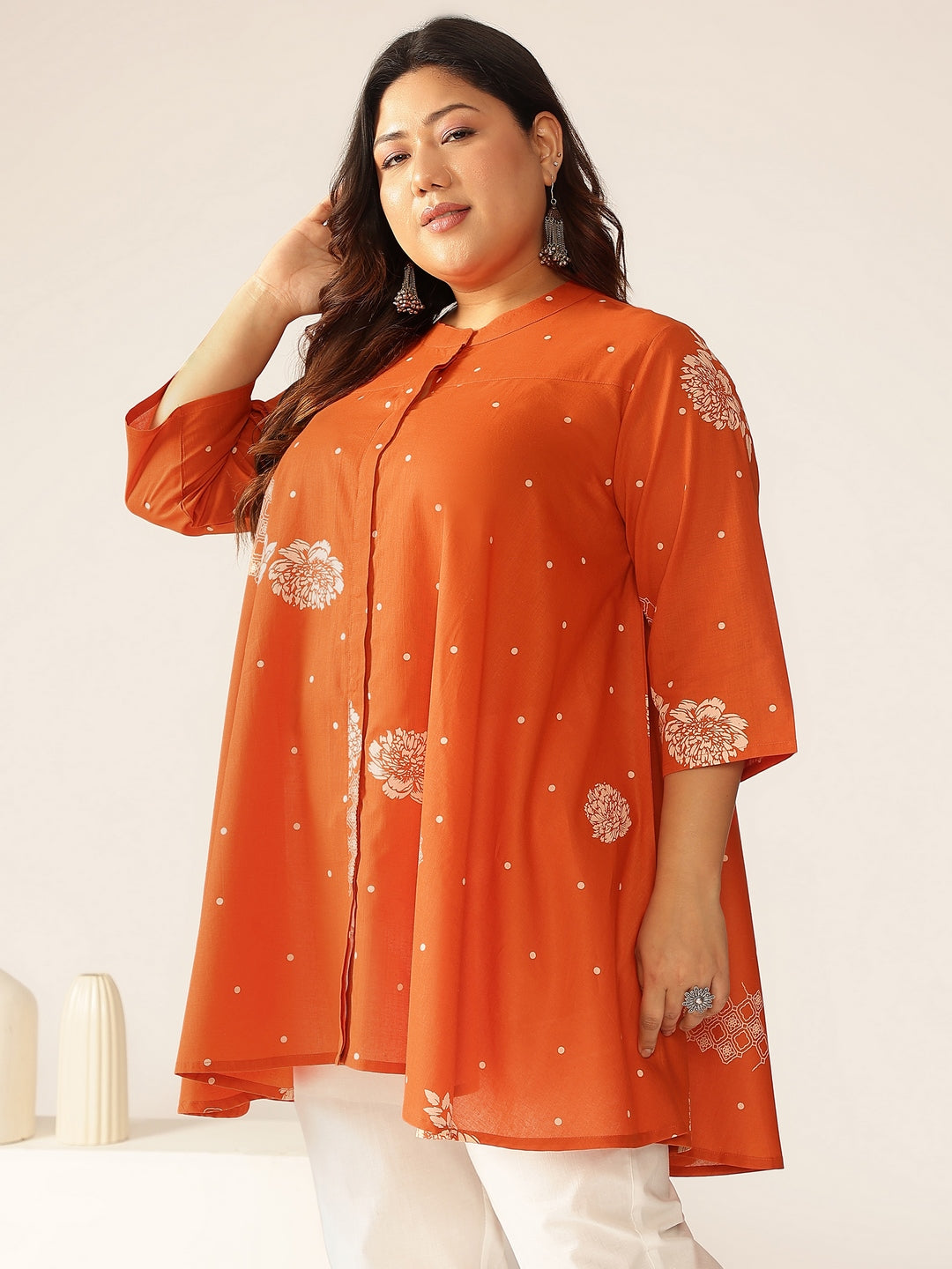 Plus Size Orange Pure Cotton Floral Printed A-line Tunic - qivii