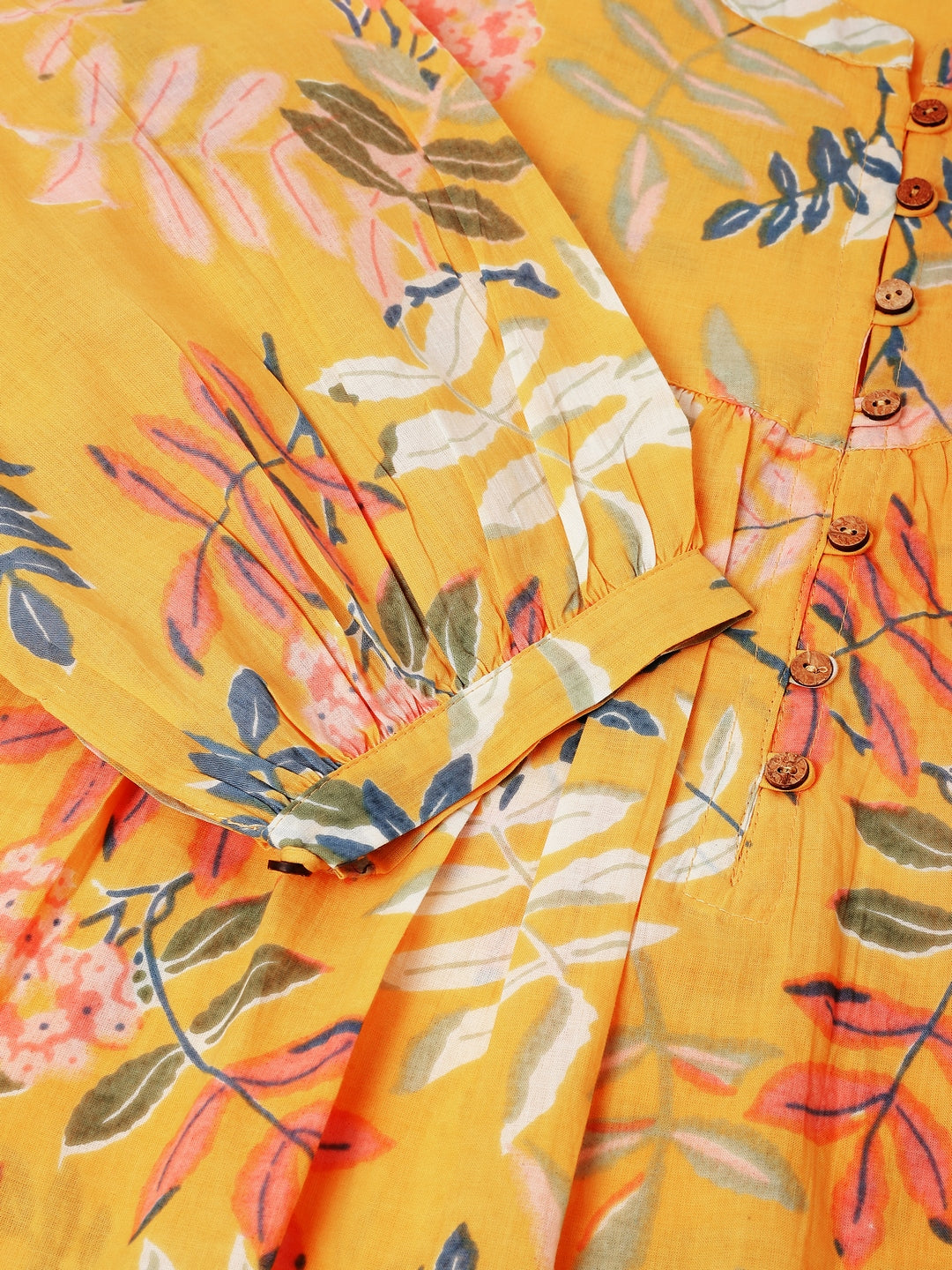 Plus Size Yellow Pure Cotton Tropical Printed A-line Tunic - qivii