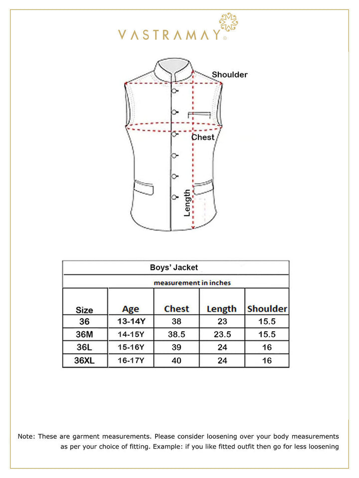 VASTRAMAY Boys' Maroon Woven Design Silk Blend Nehru Jacket