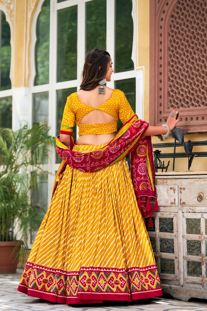 Yellow Tussar Silk Leheriya With Patola Print Border Lehenga