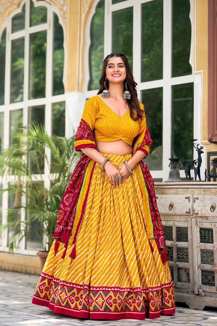 Yellow Tussar Silk Leheriya With Patola Print Border Lehenga