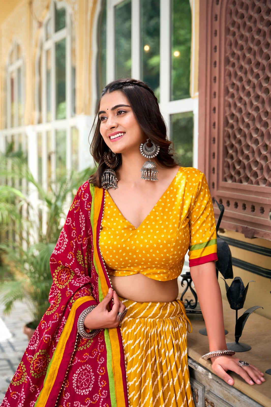 Yellow Tussar Silk Leheriya With Patola Print Border Lehenga