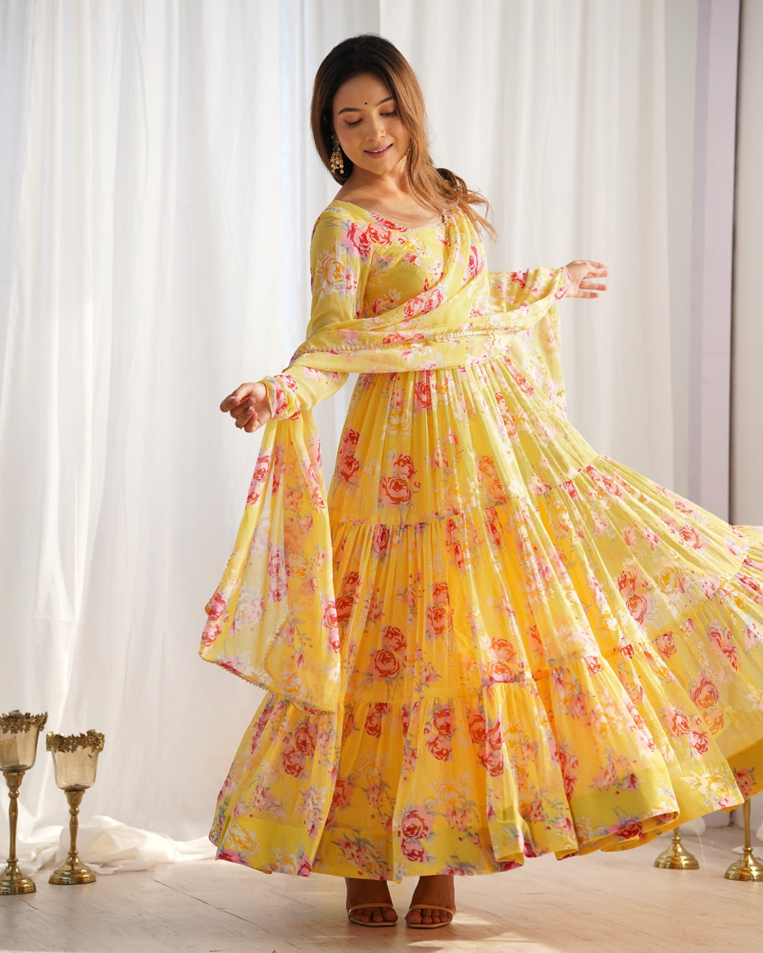 Beautiful yellow heavy pure soft fox georgette floral print anarkali suit for women