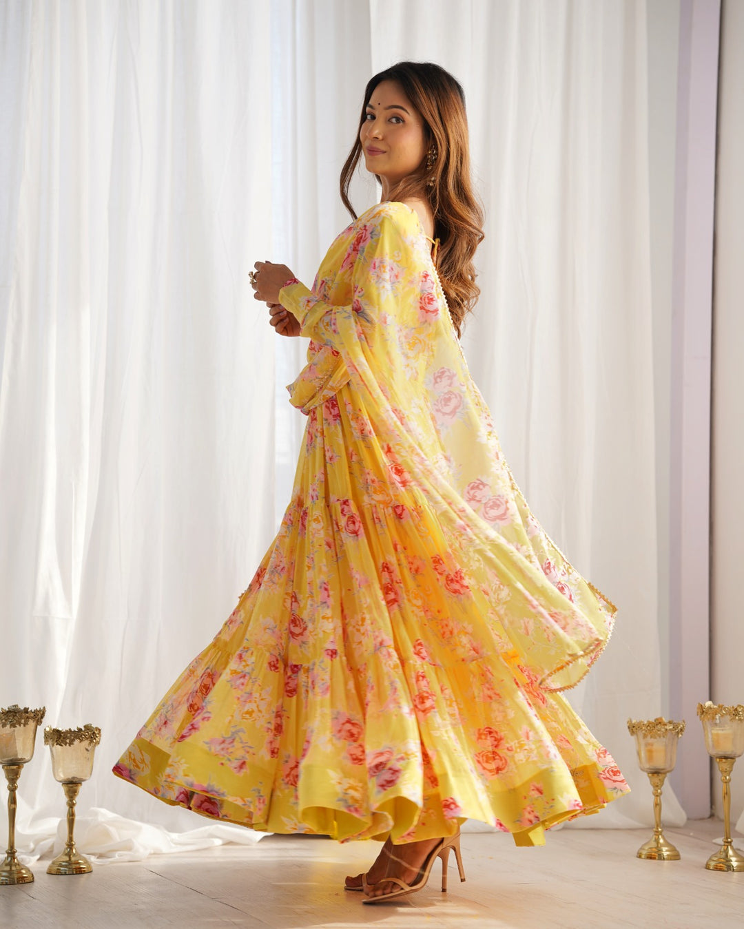 Beautiful yellow heavy pure soft fox georgette floral print anarkali suit for women