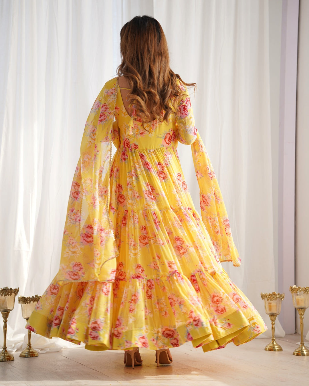 Yellow heavy pure soft fox georgette floral print anarkali suit with intricate detailing