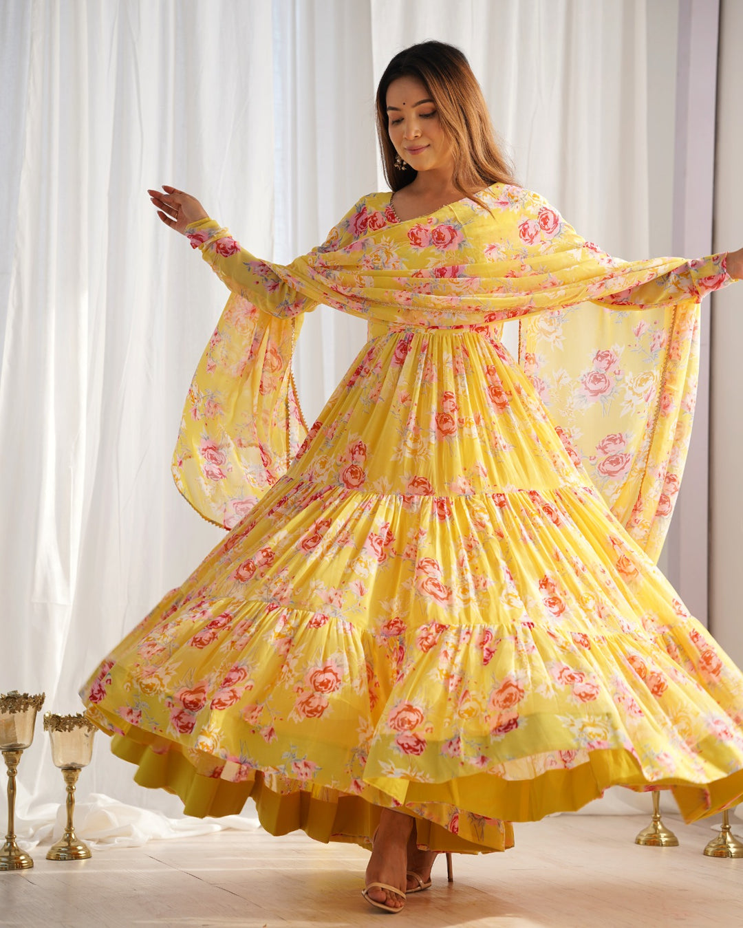 Beautiful yellow heavy pure soft fox georgette floral print anarkali suit