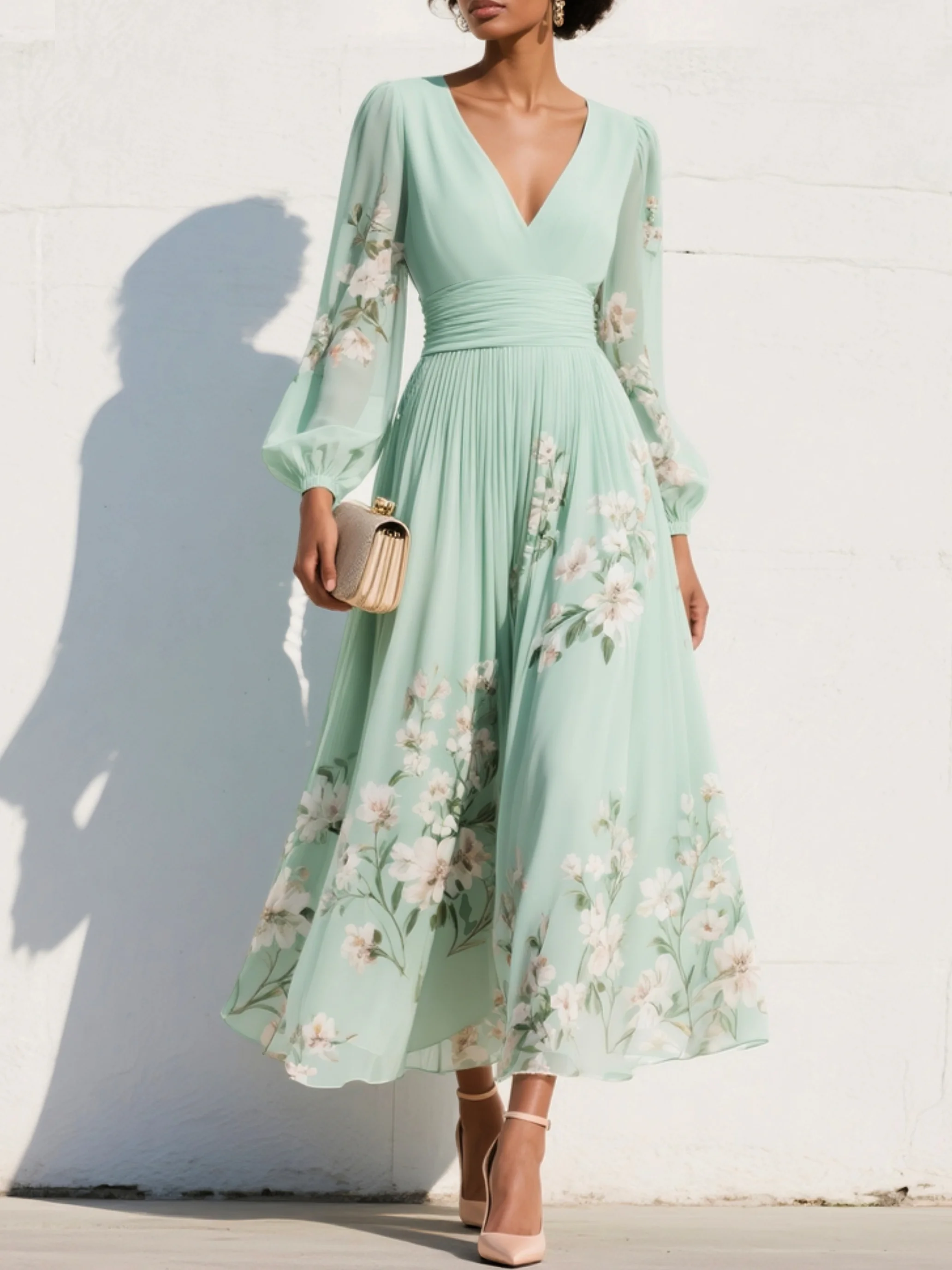 Suzanne | Elegant Floral Pleated Maxi Dress by Qivii