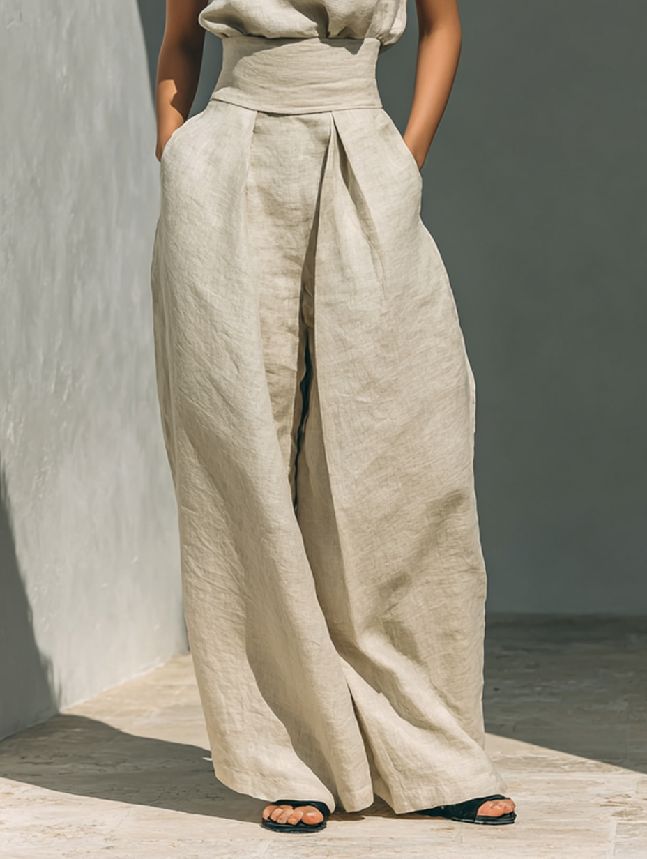 Aurora | Relaxed Beige Sleeveless Wide-Leg Co-Ord Set by Qivii