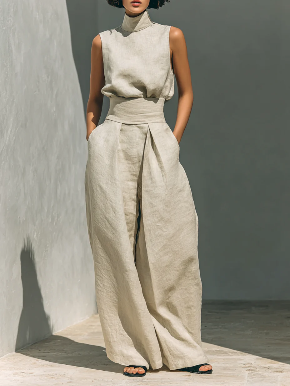 Aurora | Relaxed Beige Sleeveless Wide-Leg Co-Ord Set by Qivii