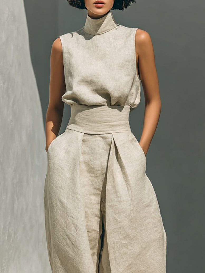 Aurora | Relaxed Beige Sleeveless Wide-Leg Co-Ord Set by Qivii