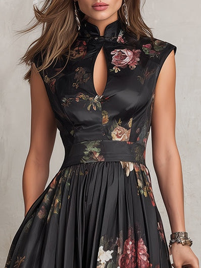 Violetta | Black Midi Dress in Pleated Satin with Floral Pattern and Keyhole Neckline by Qivii