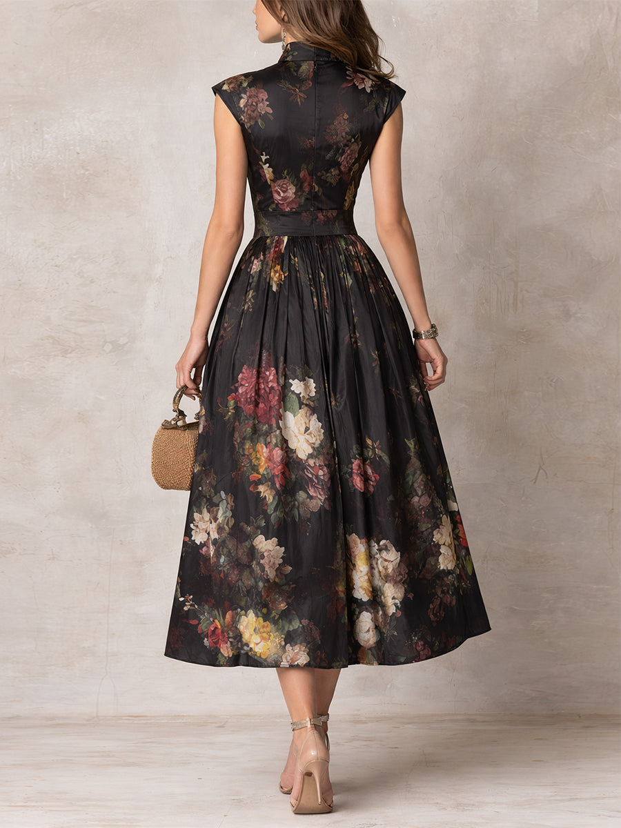 Violetta | Black Midi Dress in Pleated Satin with Floral Pattern and Keyhole Neckline by Qivii