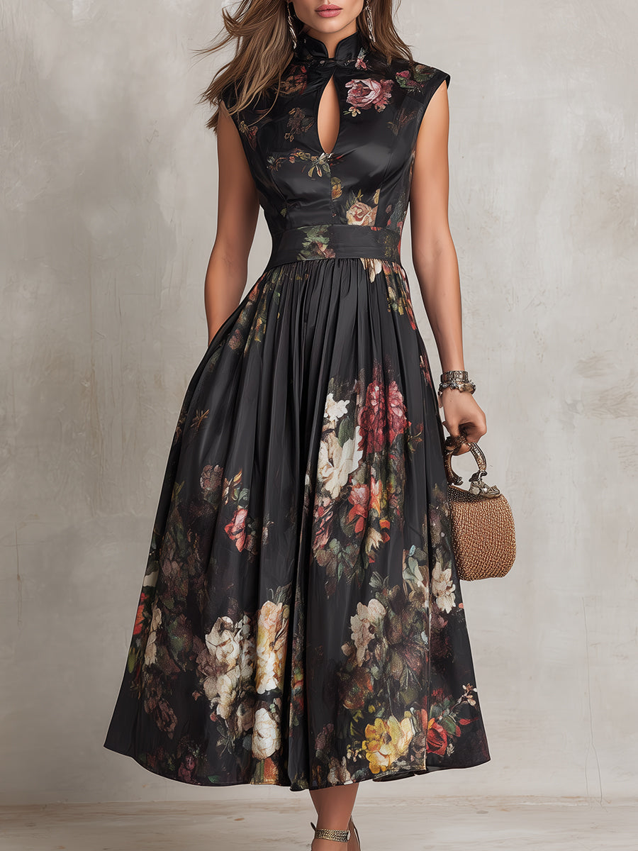 Violetta | Black Midi Dress in Pleated Satin with Floral Pattern and Keyhole Neckline by Qivii