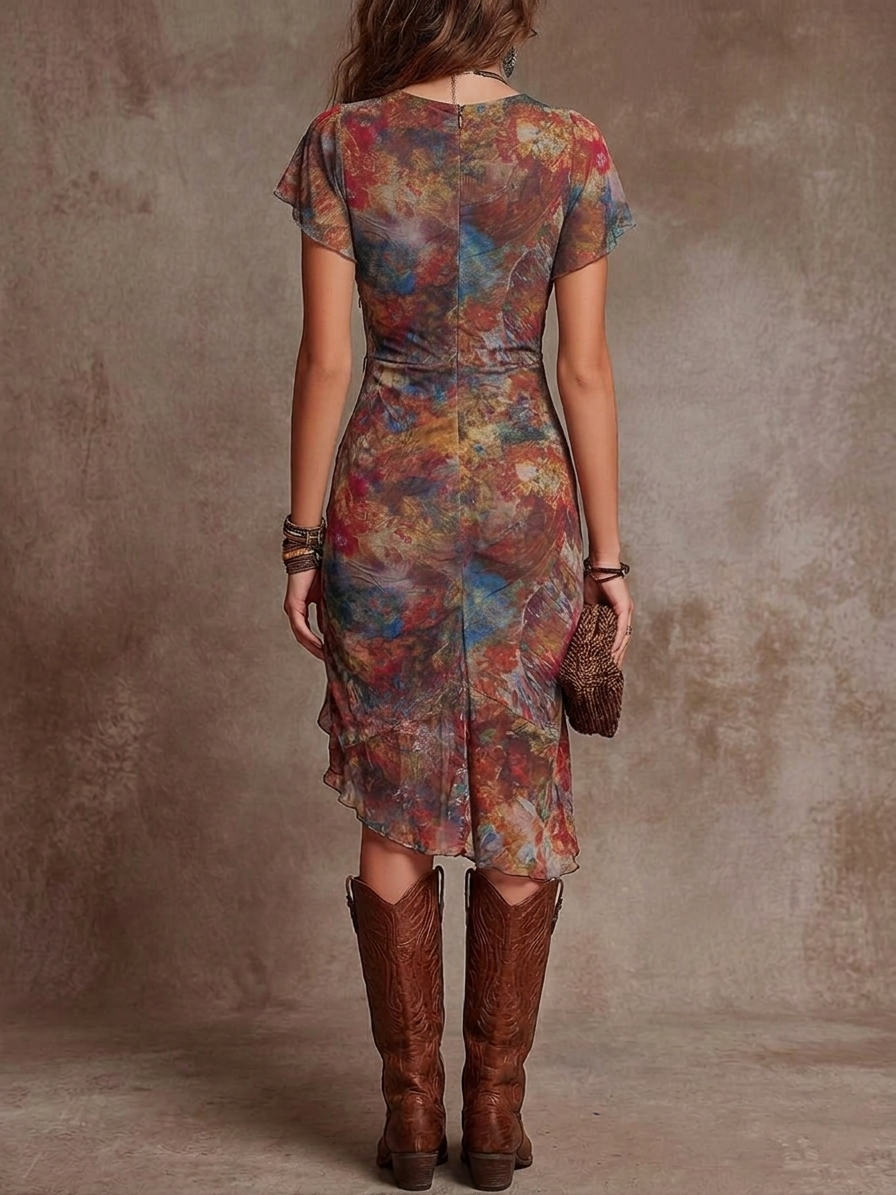 Martina | Midi Pleated Dress with V-Neck, Abstract Art Print in Bohemian Style by Qivii