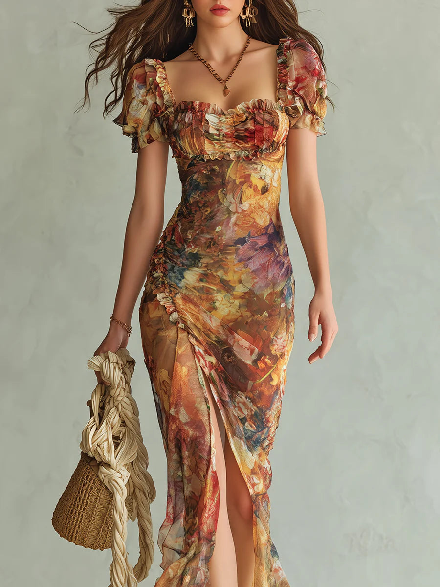 Viola | Long orange chiffon dress with bohemian-style oil painting print by Qivii