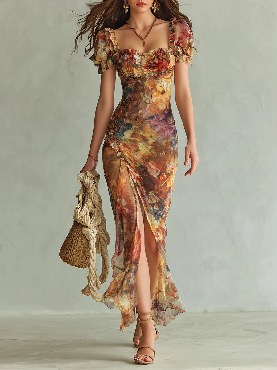 Viola | Long orange chiffon dress with bohemian-style oil painting print by Qivii