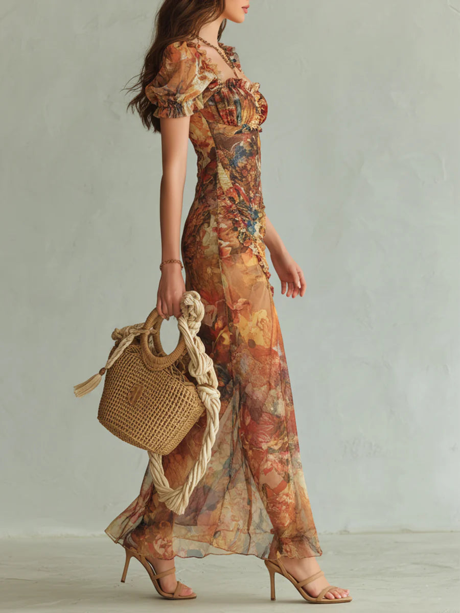 Viola | Long orange chiffon dress with bohemian-style oil painting print by Qivii