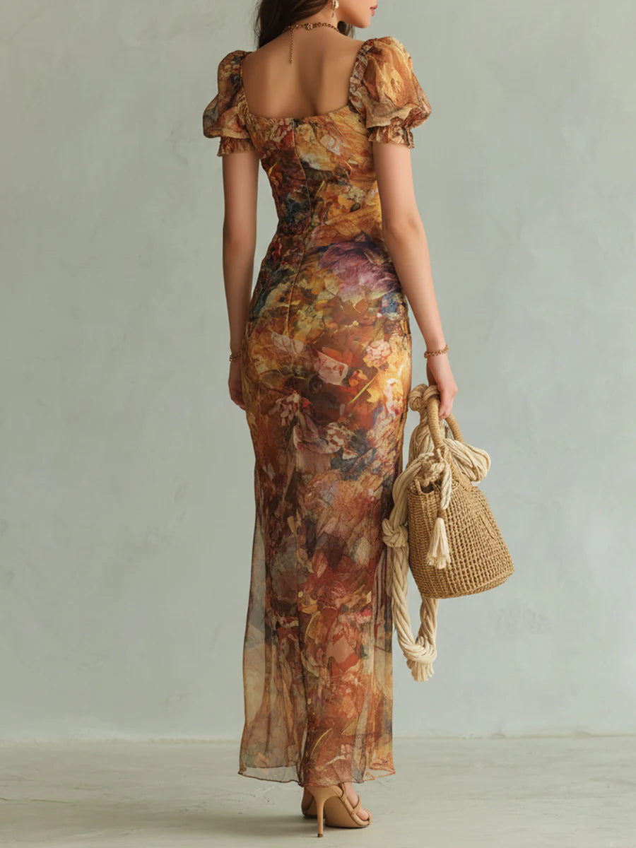 Viola | Long orange chiffon dress with bohemian-style oil painting print by Qivii