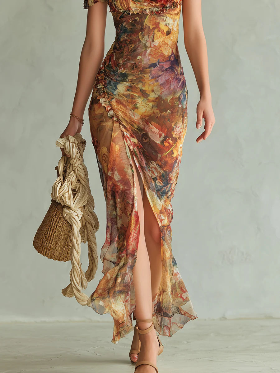 Viola | Long orange chiffon dress with bohemian-style oil painting print by Qivii