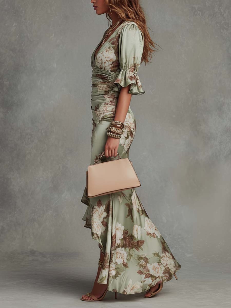 Anna | Asymmetrical long dress in green satin with V-neck, flared puff sleeves, and floral pattern by Qivii